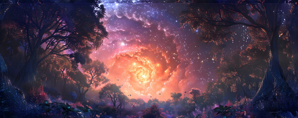 Coral Pink Supernova Enchanting Night Forest with Steampunk Drones and Ethereal Galaxies in a Surreal Fantasy Landscape