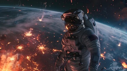 Fototapeta na wymiar Earth's Agony: An Astronaut's Desperate Stand Amidst Burning Planet and Cosmic Catastrophe