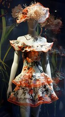 Elegant White and Orange Floral Dress with Ruffles for Spring Fashion Week