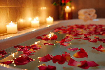 Romantic spa bath with rose petals and burning candles.