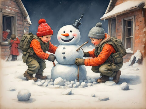 Soldiers building snowmen together, finding moments of joy and innocence amidst the harsh realities of war