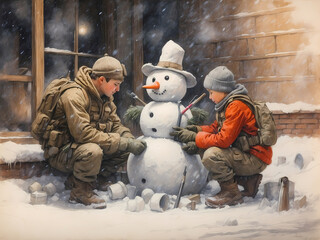 Soldiers building snowmen together, finding moments of joy and innocence amidst the harsh realities of war - obrazy, fototapety, plakaty