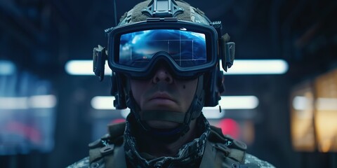 Close-up of a soldier using high-tech sunglasses with holographic display