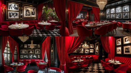 High-end dining space with a glamorous Hollywood theme, including red velvet drapes and black-and-white photographs