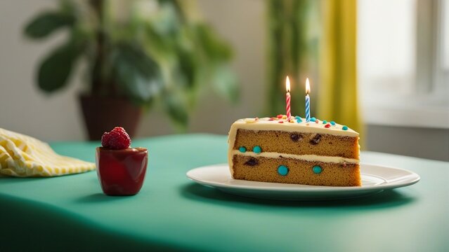 birthday cake slice with 2 two candles A realistic scene of a birthday cake slice with  candle on a white plate.  