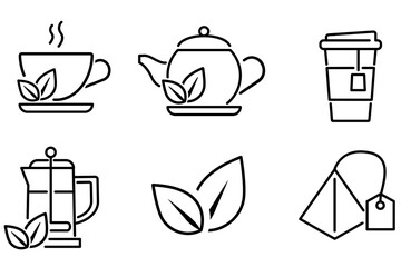 Green tea thin outline icon set. Cup with leaves, teapot, disposable paper cup, french press and teabag isolated symbols.