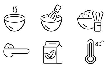 Matcha cooking icon set. Matcha package, powder spoon, cup with whisk, temperature 80 C icons. Japanese bamboo bowl vector outline illustration.