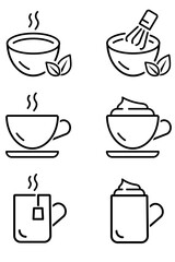 Hot drink cups icon set. Matcha latte and whisk, coffee cup with foam, tea, cocoa with cream thin isolated icons.