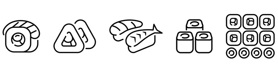 Sushi roll icon. Japanese food icon set for delivery app. Shrimp nigiri symbol outline. Philadelphia sushi illustration. Maki set sign. © moroz_stock