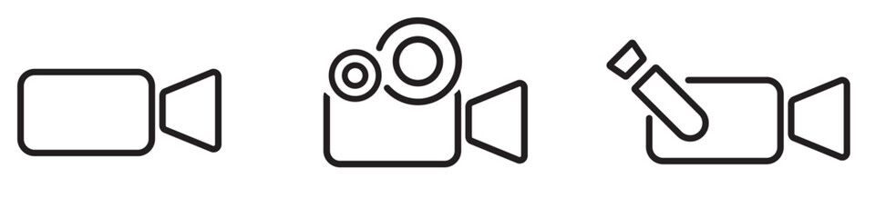 Video camera thin outline icon set. Camcorder sign. Cinema camera symbol. Movie equipment pictogram.