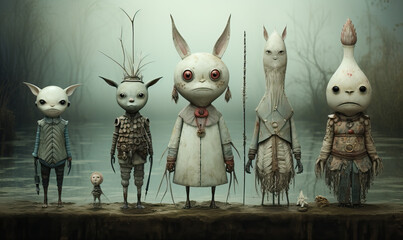 Fictional creatures on an abstract background.