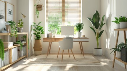 Modern bright interior of home office with furniture and plants at desk, 3D rendering