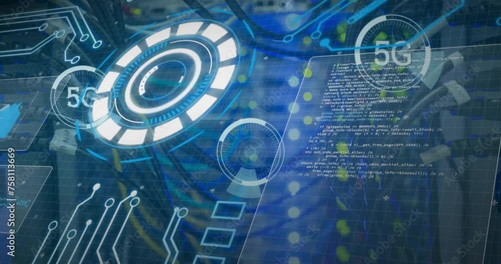 Poster animation of 5g text and digital data processing over computer server