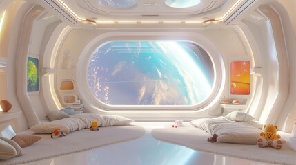 Children's play area in spaceship with view of earth, concept of futuristic childhood in space