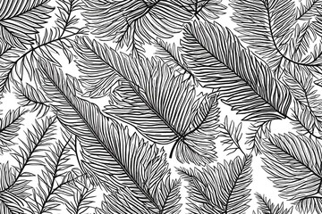 Abstract black and white hand drawn seamless pattern illustration of line doodles. Nature background design with flower, leaf and wavy scribble. leaves of palm tree background