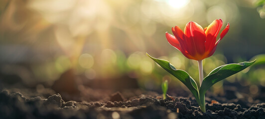 A blossoming flower breaking through the soil, its delicate petals unfurling to reveal vibrant colors, symbolizing growth, resilience, and the beauty that emerges from persistence - obrazy, fototapety, plakaty