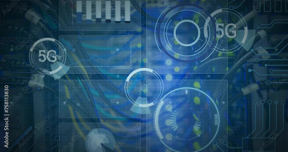 Aufkleber animation of 5g text and digital data processing over computer servers