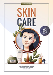 Flyer design with woman in the mirror reflection, creams, serum. Beauty, skin care, cosmetic, self care, spa concept. Vector illustration banner, promo, sale, poster.