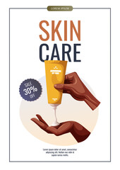 Flyer design with dark skin hands with tube of cream. Beauty, skin care, body care, cosmetic concept. Vector illustration for promo, sale, poster, banner.