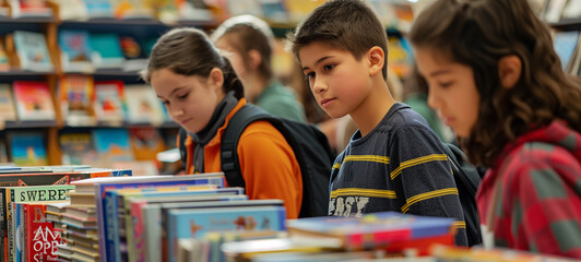 A group of students eagerly explores a pop-up book fair, their faces alight with excitement as they discover new literary treasures