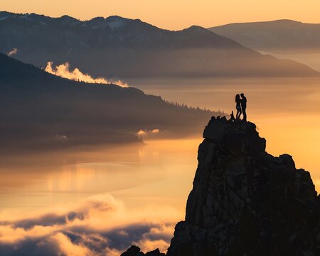 Embracing couple silhouette at El Capitan with Lake Tahoe, misty clouds, and golden sunrise, as a hiker touches cloud layers from a mountain peak.