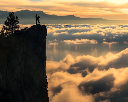 Embraced by Dawn: A Couple's Silhouette Against Lake Tahoe's Misty Sunrise, with a Lone Hiker Touching the Clouds.