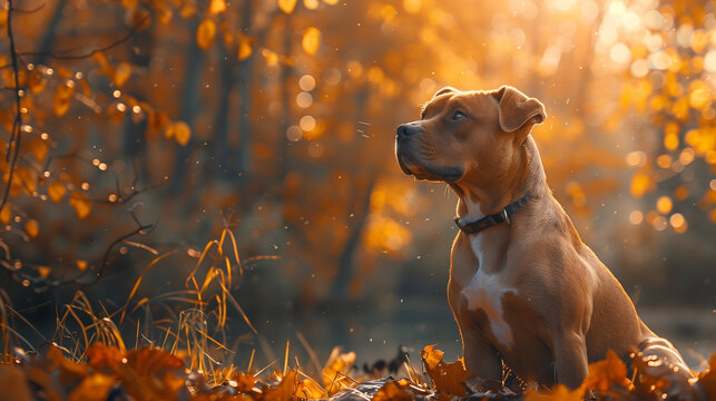 Pitbull in the Autumn Forest: Nature's Canine Explorer