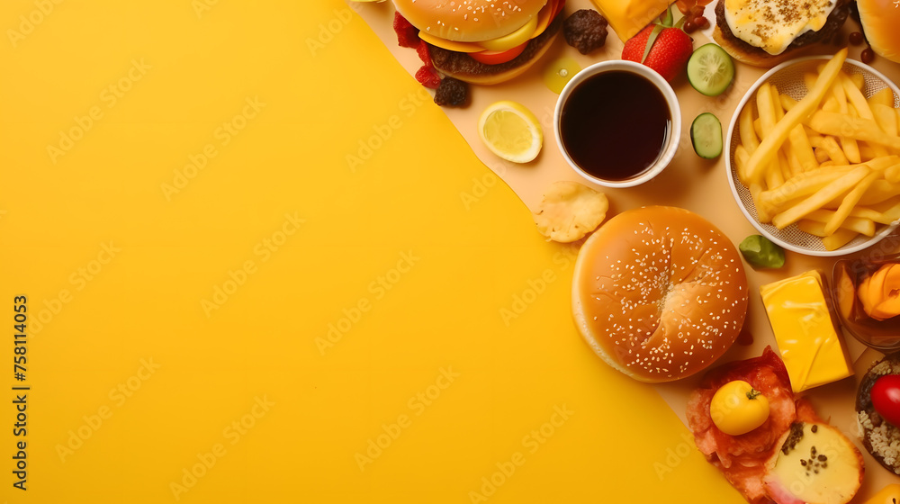 Poster different fast food on yellow background with space for text