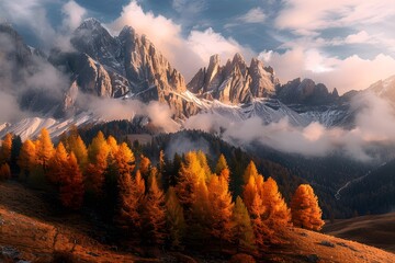 Breathtaking view of the Dolomites in Italy, showcasing majestic mountains embraced by lush trees. - obrazy, fototapety, plakaty