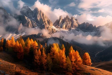 Fotobehang Breathtaking view of the Dolomites in Italy, showcasing majestic mountains embraced by lush trees. © Pierre