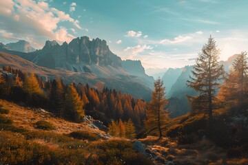 Captivating view of the Dolomites in Italy, showcasing majestic mountains embraced by lush trees. - obrazy, fototapety, plakaty