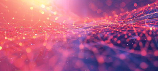 An abstract digital background showcases glowing lines and dots with a gradient transitioning from red to purple, imbuing the visual space with depth and dimension