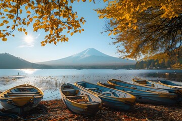 Mount Fuji Sunrise: A Serene Dawn with Blue Skies, Reflective Lake Waters, and Red Leaves