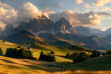 Golden Hour Glow: Majestic Dolomites Rising Above Grassy Hills, Cloud-Kissed Peaks in South Italy.