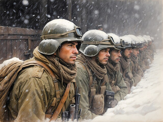 soldiers huddled together in the cold, with snow falling gently around them - obrazy, fototapety, plakaty