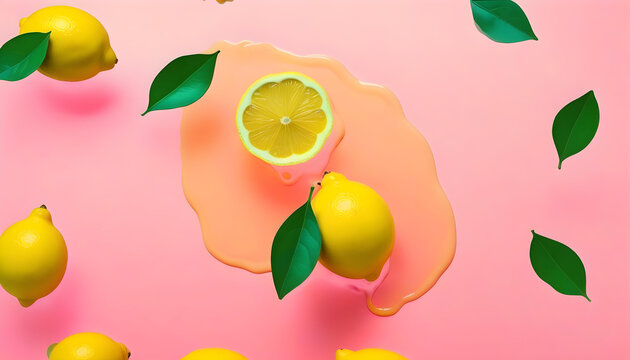 A lemon melting into a puddle of yellow paint on a pastel pink background