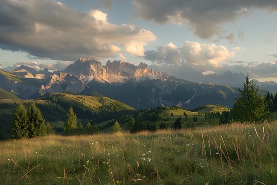 Golden Hour Glow: Dolomites' Peaks Tower Over Verdant Hills and Cloud-Strewn Skies in South Italy.