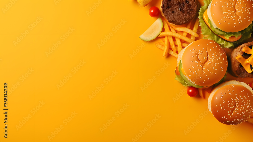 Poster Different fast food on yellow background with space for text