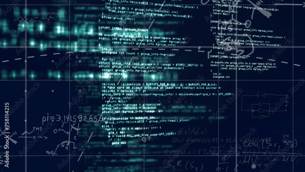 Poster animation of mathematical formulae and data processing over dark background