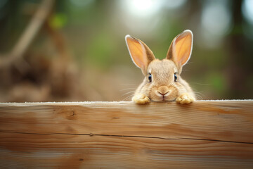 Cute rabbit on the fence - wooden sign. Generative Ai  - 758114207