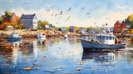  A quaint coastal village with colorful fishing boats bobbing in the harbor, seagulls wheeling overhead against a backdrop of clear blue skies - obrazy, fototapety, plakaty