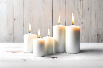 Obraz na płótnie Canvas white candles are sitting on a table, pillar candle, burning candles glowing on white background with shadow white candles burning on a white shelf and wooden background