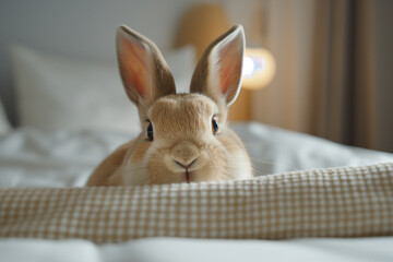 Beige, cute pet rabbit on the bed, enjoying. Generative Ai