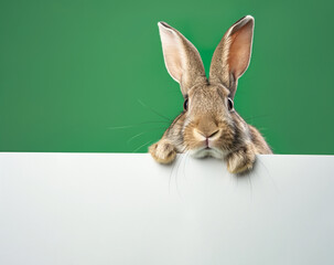 Cute rabbit holding a paper sign on a green background.  Easter holiday. Generative Ai - 758114256