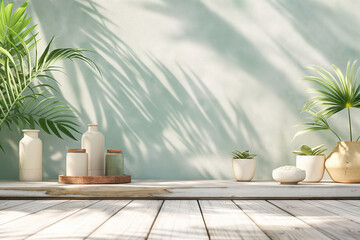 Display for products, summer scene in a fresh, sunny , pastel room. Generative Ai - 758114263