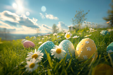 Colorful Easter eggs on a field with green grass. flowers and blue sky with clouds. Generative Ai - 758114285