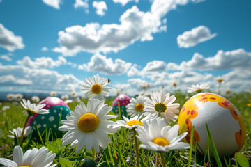 Colorful Easter eggs on a field with green grass. flowers and blue sky with clouds. Generative Ai - 758114286