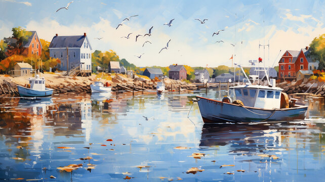  A quaint coastal village with colorful fishing boats bobbing in the harbor, seagulls wheeling overhead against a backdrop of clear blue skies