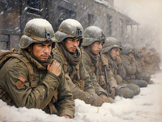 soldiers huddled together in the cold, with snow falling gently around them - obrazy, fototapety, plakaty