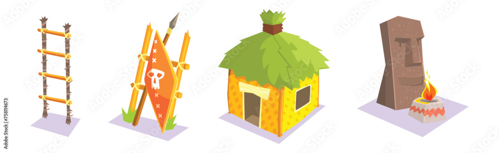 Poster tropical jungle landscape design element for computer game vector set